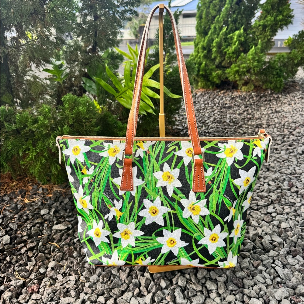 Dooney & Bourke Narcissus Floral Tote | Black Coated Canvas Leather Trim - Picture 3 of 15
